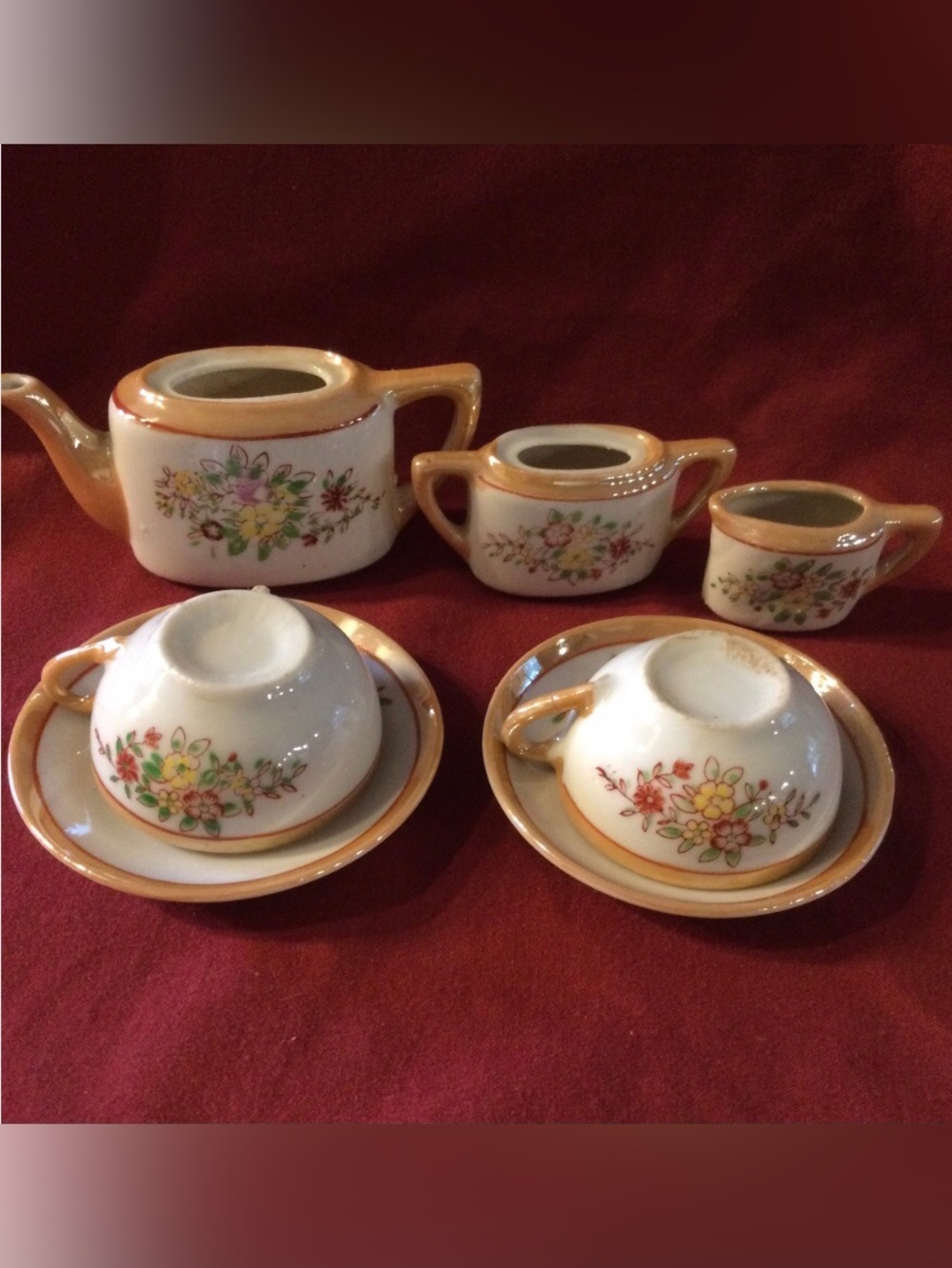 Vintage Peach Lustre Toy Dishes - Yellow & Brown Flowers